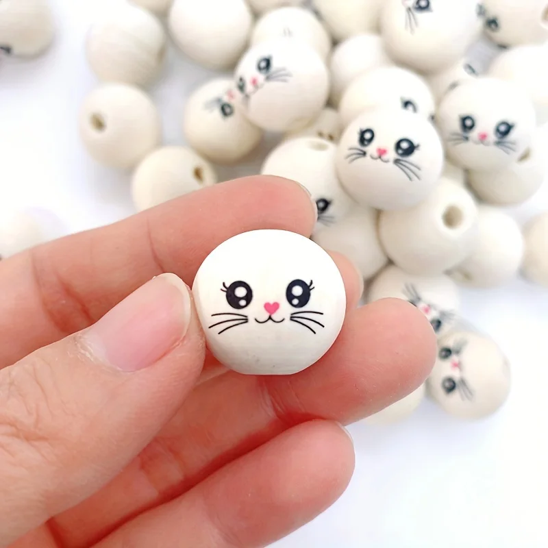 50pcs love nose Round Wooden Beads, Face Expression Smooth Wooden Beads Handmade Loose Wood Spacer Beads Printed Undyed Ball