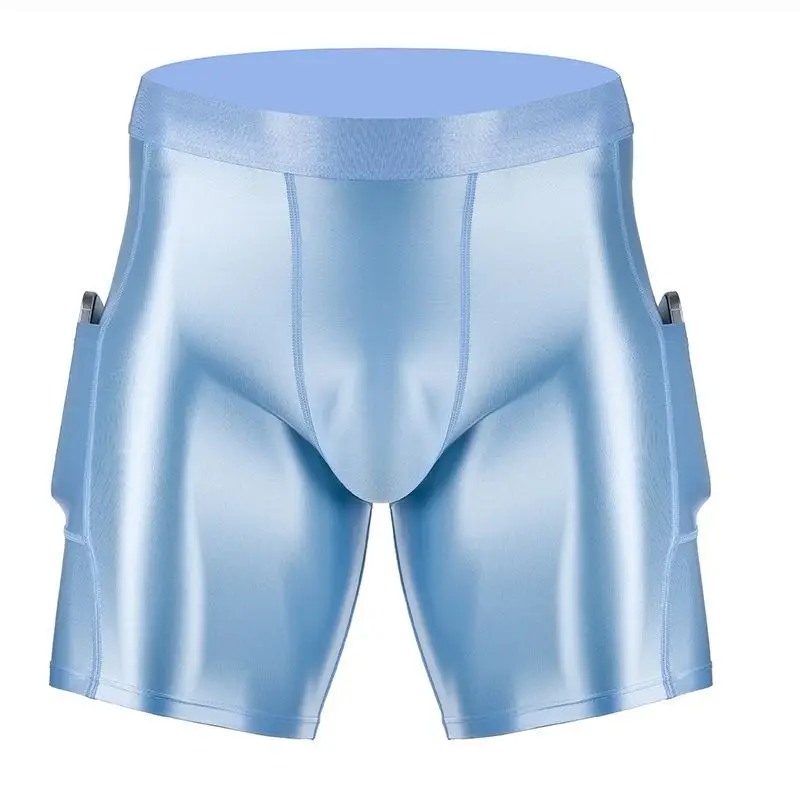 Glossy Silky Sports Men Shorts With Pockets Quick Dry Fitness Training Compression Elastic Workout Shorts