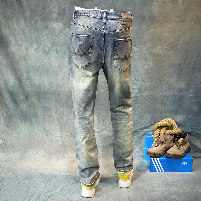 Pantalones vaqueros de diseñador de moda para hombre, jeans retro azules elásticos de alta calidad con abertura, pantalones de mezclilla retro