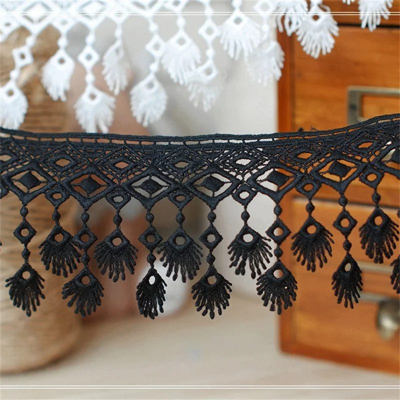 8.5CM Wide White Black Cotton Tassel Embroidered Lace Material Fringed Trim Ribbon Cloth Curtains Dress Hem DIY Sewing Decor