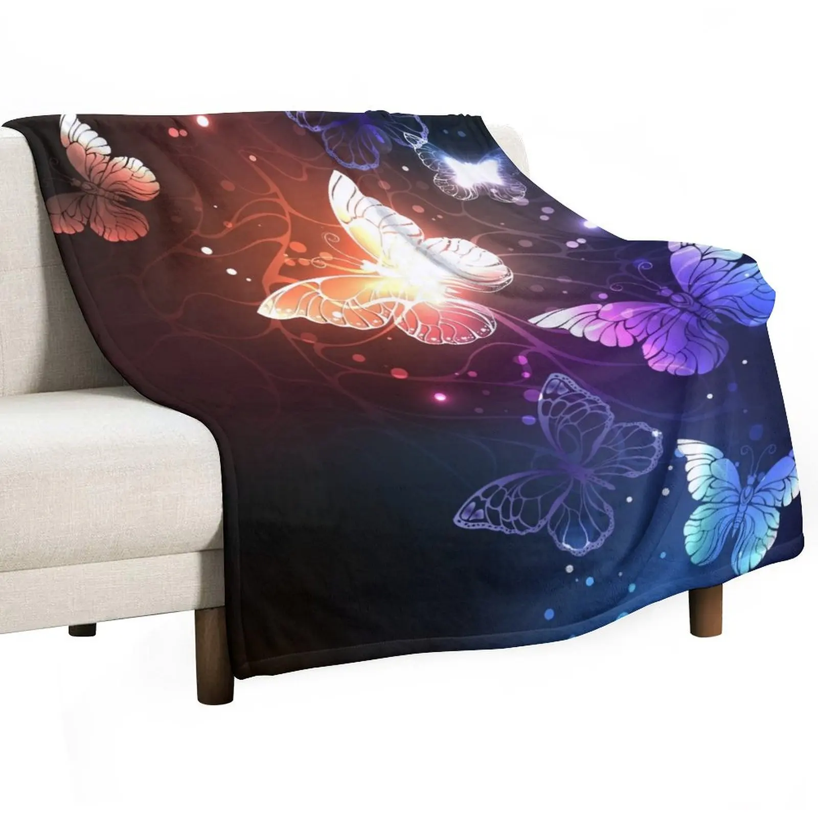 Glowing Night Butterflies on Black Background Throw Blanket Decorative Sofas Decorative Throw Moving Blankets