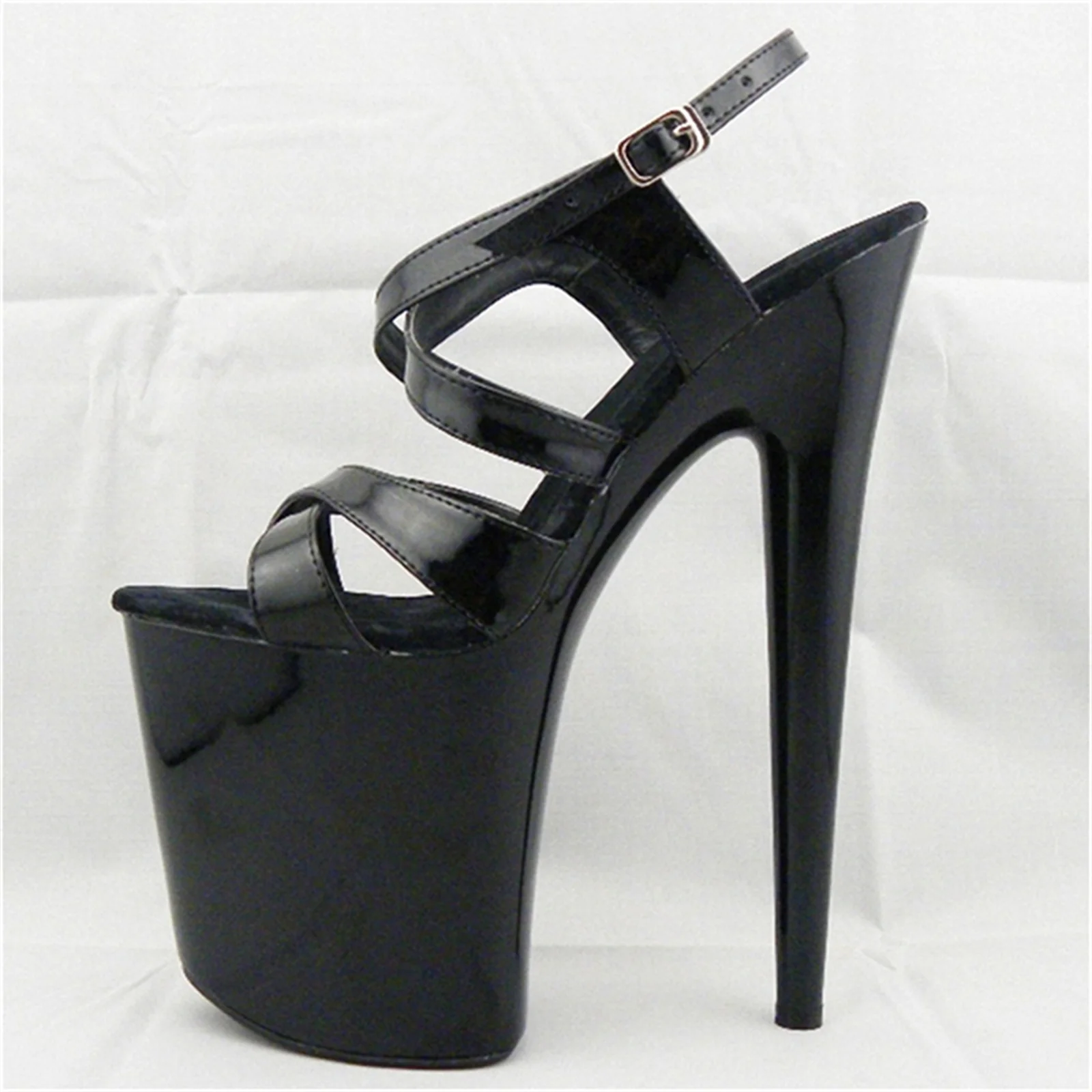 

Sexy Women's Black Leather Platform Sandals 20CM Ultra High Heels Open-Toe & Cross Strap Design Fetish Nightclub Party Shoes