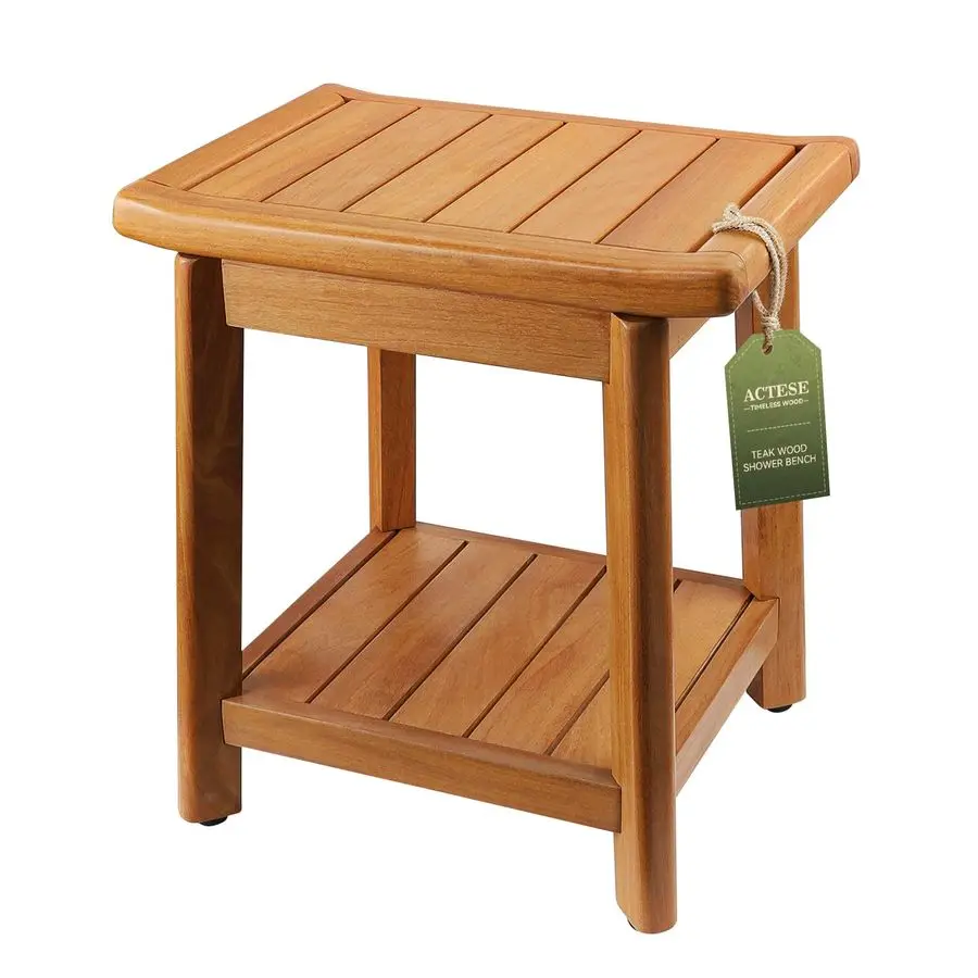 

14 Teak Shower Stool with Storage Shelf, NonSlip Waterproof Wooden Shower Chair, Compact Bathroom Bench and Shower Seat for Tub