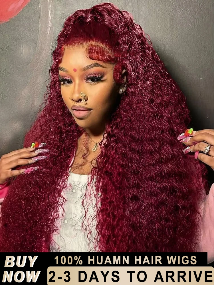 

99J Burgundy 30 40 Inch Deep Wave 13x6 Curly Lace Front Wig Colored Water Wave 13x4 HD Transparent Lace Frontal Human Hair Wigs