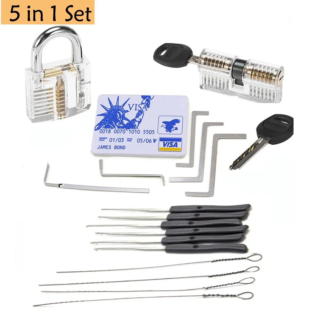 5 IN 1 Locksmith Pick Training Kit with 2pcs Transparent Locks,Broken Key Remover and Tension Wrench Tool