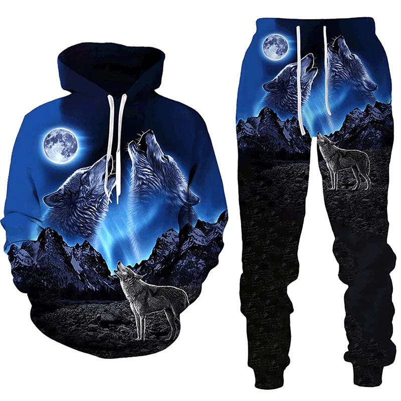 Ensemble de survêtement imprimé loup de forêt pour hommes, sweat à capuche 3D, sweat-shirts décontractés, pantalons de survêtement, vêtements de