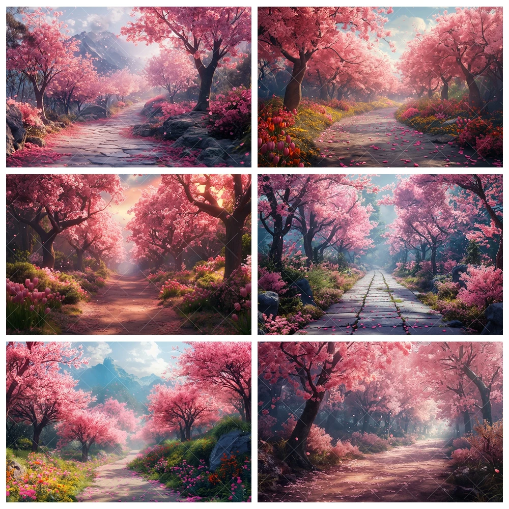 Bosque de flor de cerezo rosa en primavera Fondo de fotos del camino del bosque por encargo Fondo de fotografía de retratos de arte Propiedades de decoración de estudio de fotografía