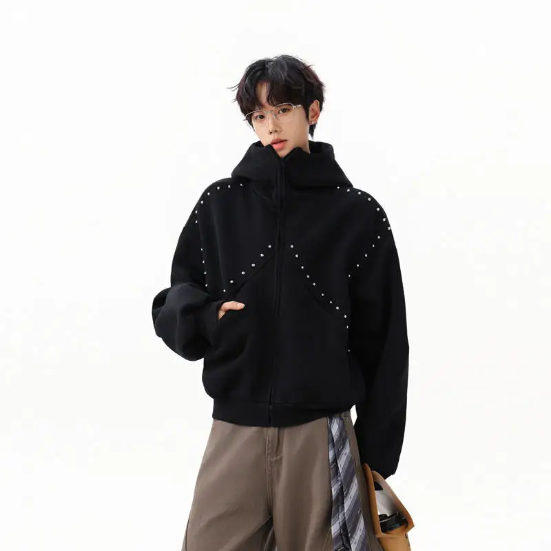 2025 الربيع والخريف نمط جديد برشام المرقعة تصميم الوقوف طوق رمادي هوديي زوجين تنوعا أسود قصير سترة سترة