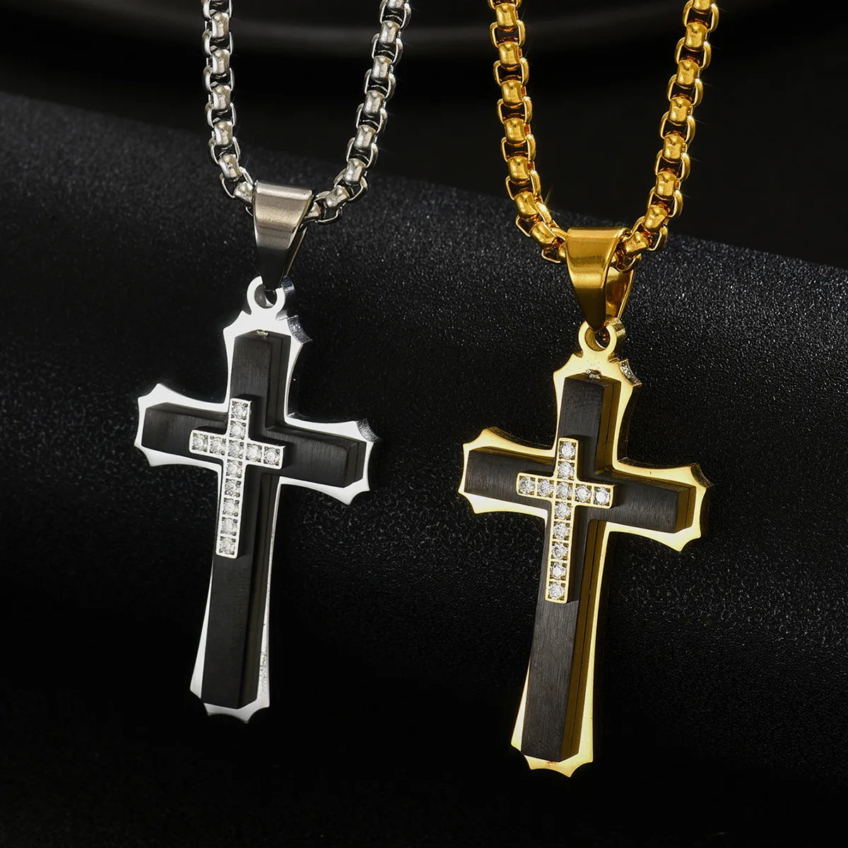 Stainless Steel Men's Multi-layered Cross Necklace with Crystals Zircon Pendant Rolo Chain 24inch GX2685J