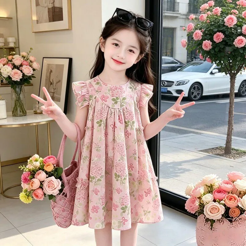 2026 Summer Teenager floral kid party mesh sleeveless princess Girls Mid Long bow dress layered tutu chiffon 4 8 10 12 14 Years