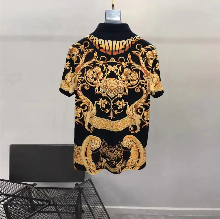 European and American men\'s 2023 summer new Lapel short sleeves fashion Palace Vintage Print T-shirt