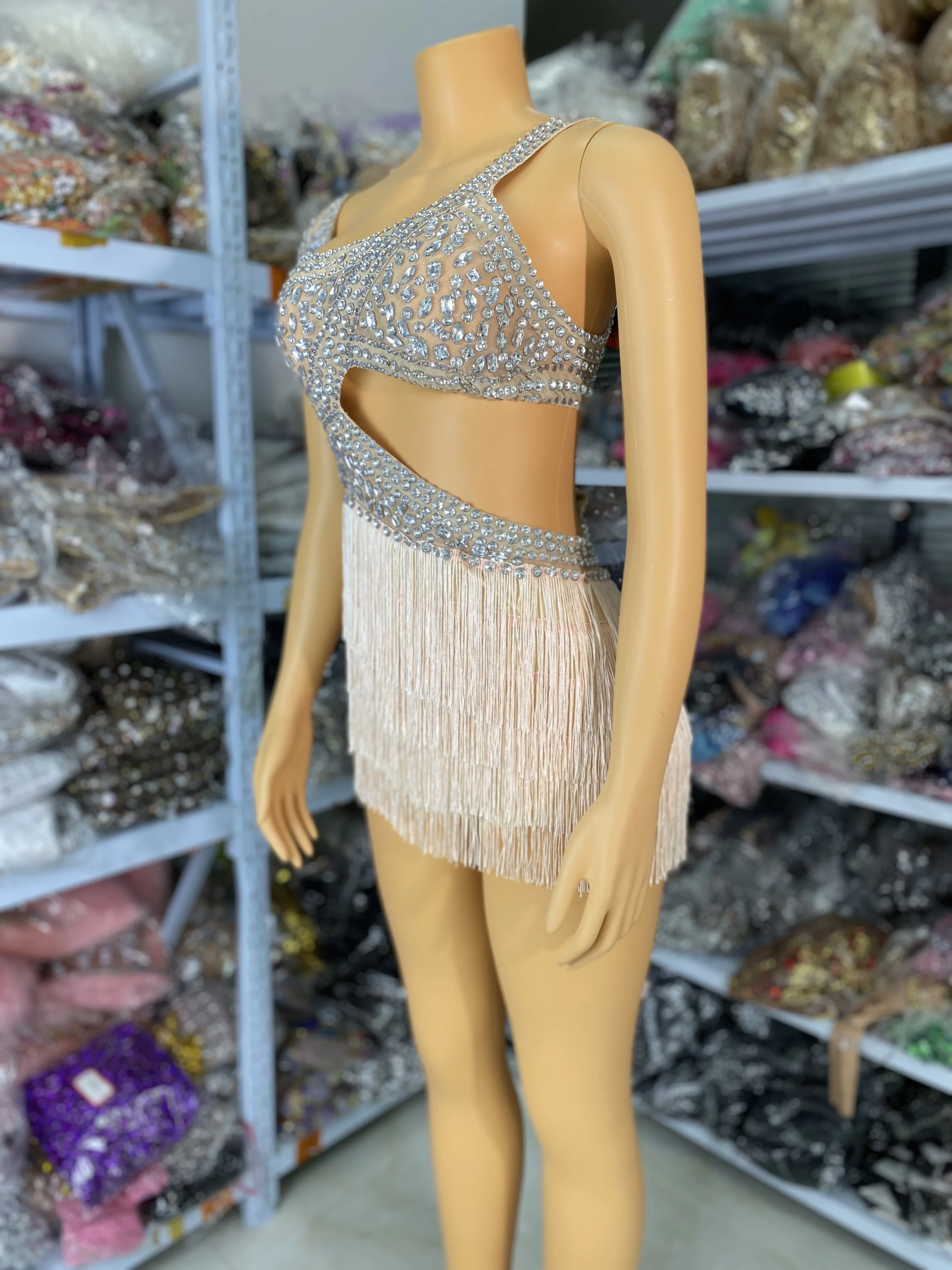 여성 라인스톤 메쉬 태슬 바디수트 드레스 섹시 컷아웃 이브닝 파티 무대 의상 볼룸 경연 라틴 댄스 드레스