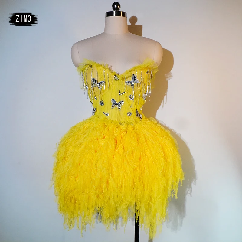

two piece suit cute rhinestone butterfly tassels Dress yellow Women lace Off the Shoulder club Birthday Party Celebrate costumes