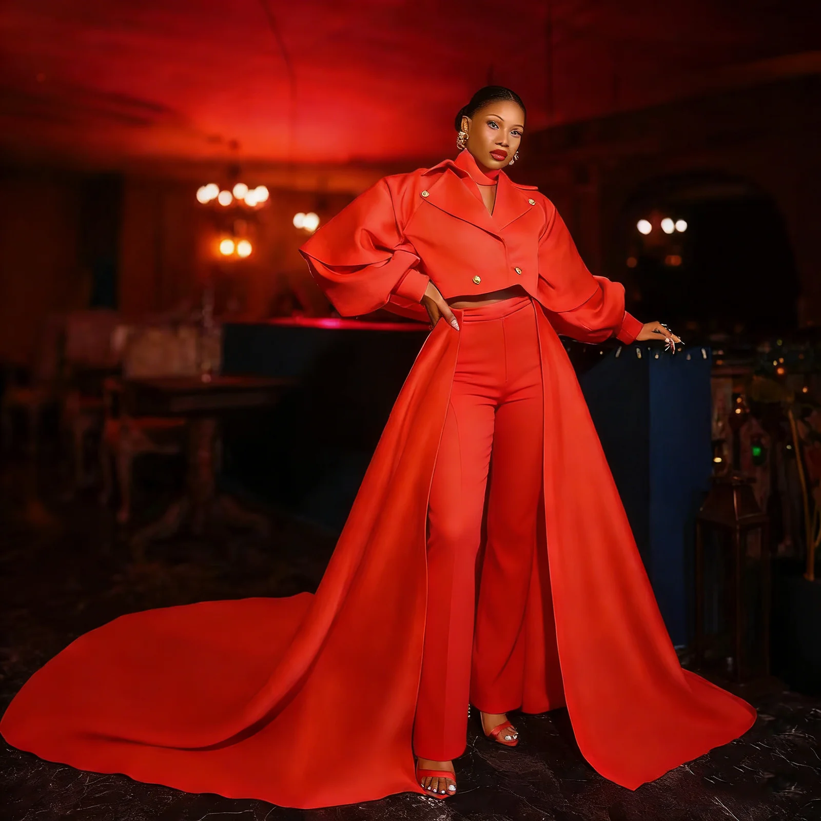 Red Button Women Blazer Suits 2 Pieces Plus Size Pants with Detachable Train Customized Evening Party Show Celebrity Outfit