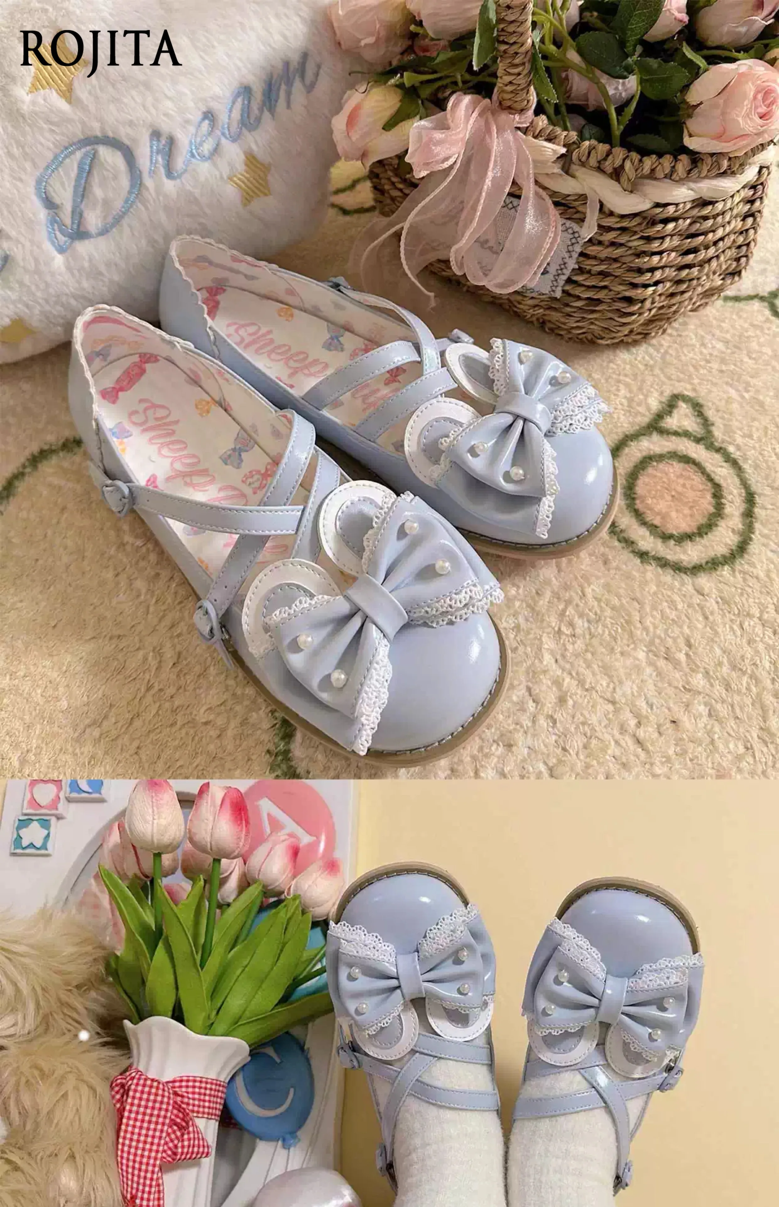 

Lolita Shoes Women Bear Ear Bow Candy Tea Low Heel Shoeses Bow Cross Strap Sweet Single Shoes Women Shoes Comfortable