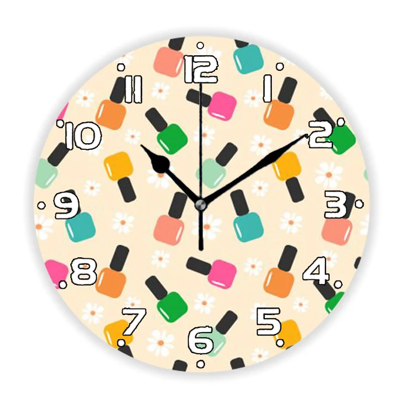 Yellow Cartoon Nail Polish Print Wall Clock Makeup Artist Cosmetics Wall Watch for Beauty Salon Studion Manicurist Decor Gift