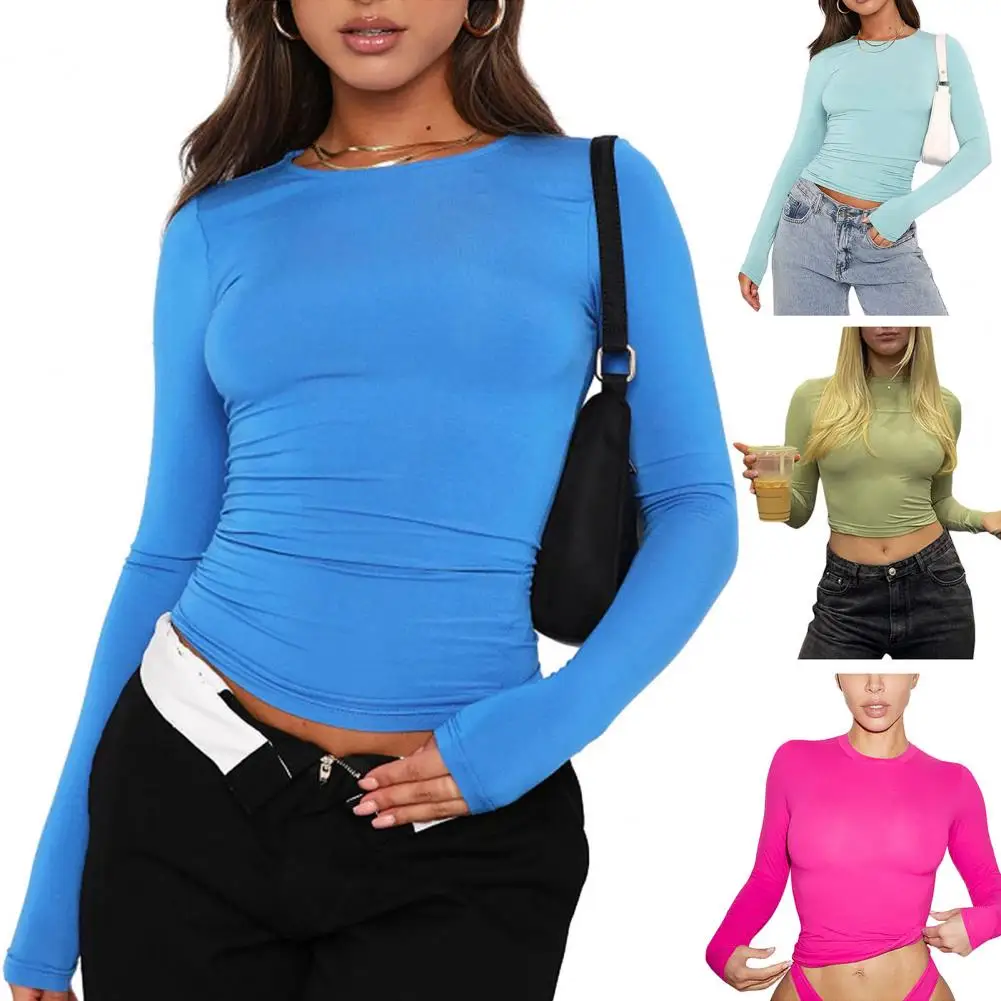 

Women Short Top Elegant Women's Slim Fit Long Sleeve Pullover Blouse with Round Neck Short Waist-exposed Design Solid for Simple