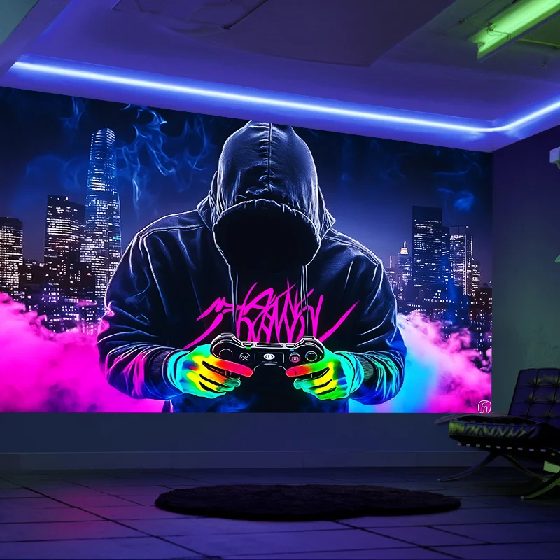 VIKAMA Cyberpunk Wandteppich Neon Esports City Nachtansicht Esports Zimmer Dunkles Schlafzimmer Atmosphäre Wanddekoration