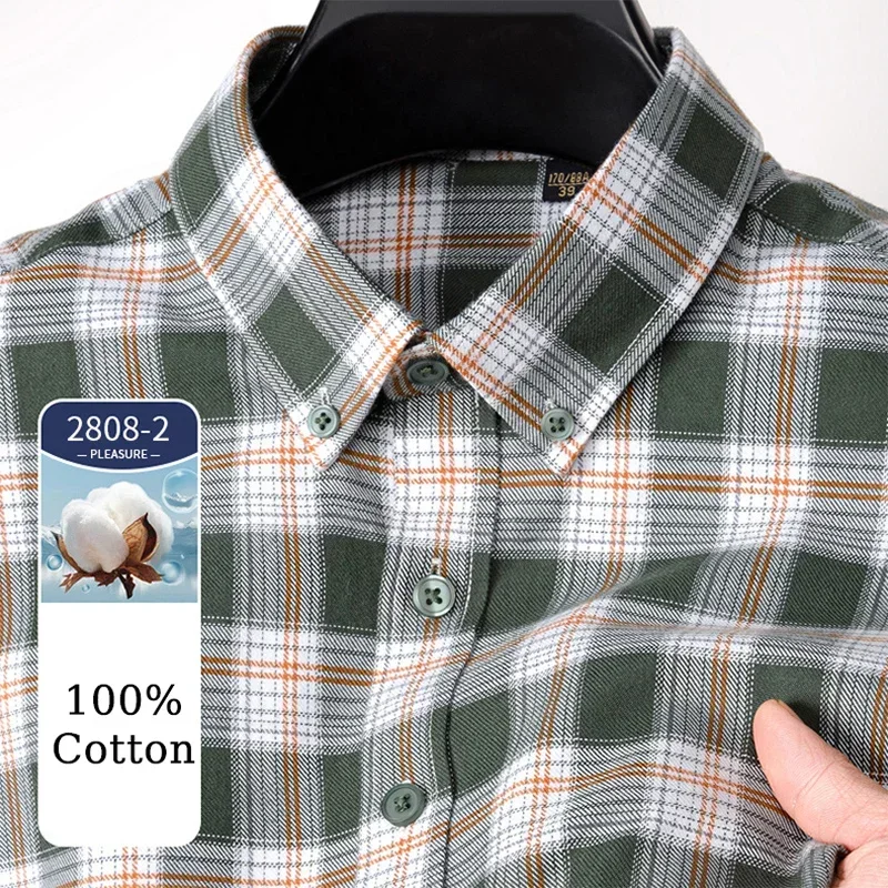 

TFETTERS Brand 2025 Spring Plaid Dress Shirts Men 100% Cotton Casual Long Sleeves Shirts Man Fine Plain Cloth Camisas De Hombre