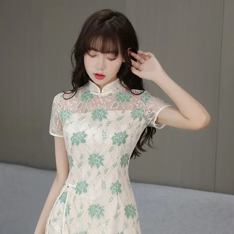 

Improved Short Sleeve Sexy Lace Cheongsam Two-piece Set New Beauty Massage Technician Work Clothes Summer Lace Spa Uniform