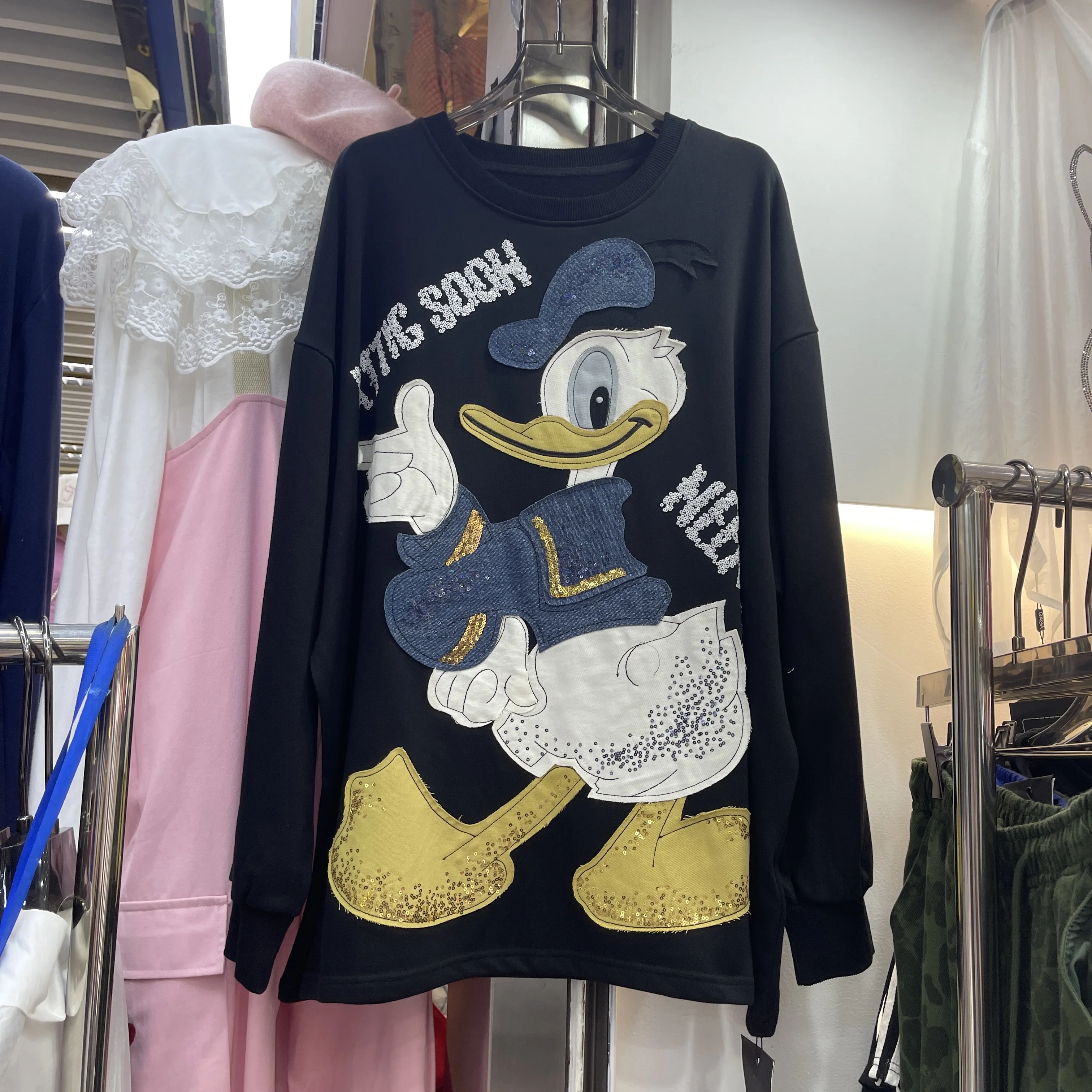 Cartoon Duck Patch Embroidered Crew Neck Sweatshirt Long Sleeve Women 2025 Early Autumn New Pullover Top Oversized Sweatshirts