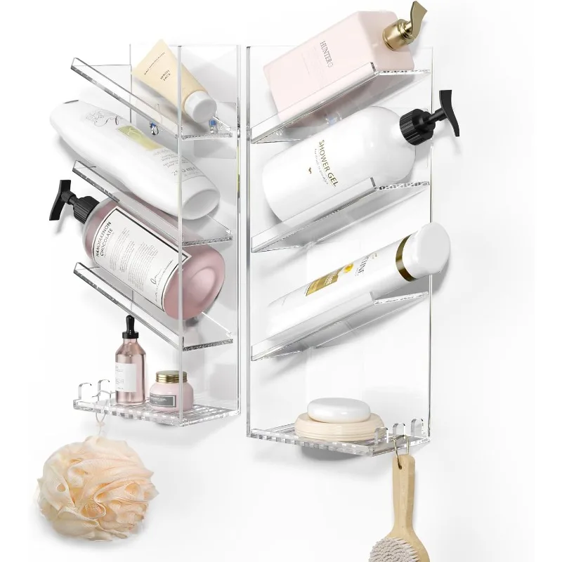 

Acrylic Bathroom Organizer Caddy, Clear Shampoo Holder Wall Mounted, Shower Organizer with Suction Cup, No Drilling and Ru