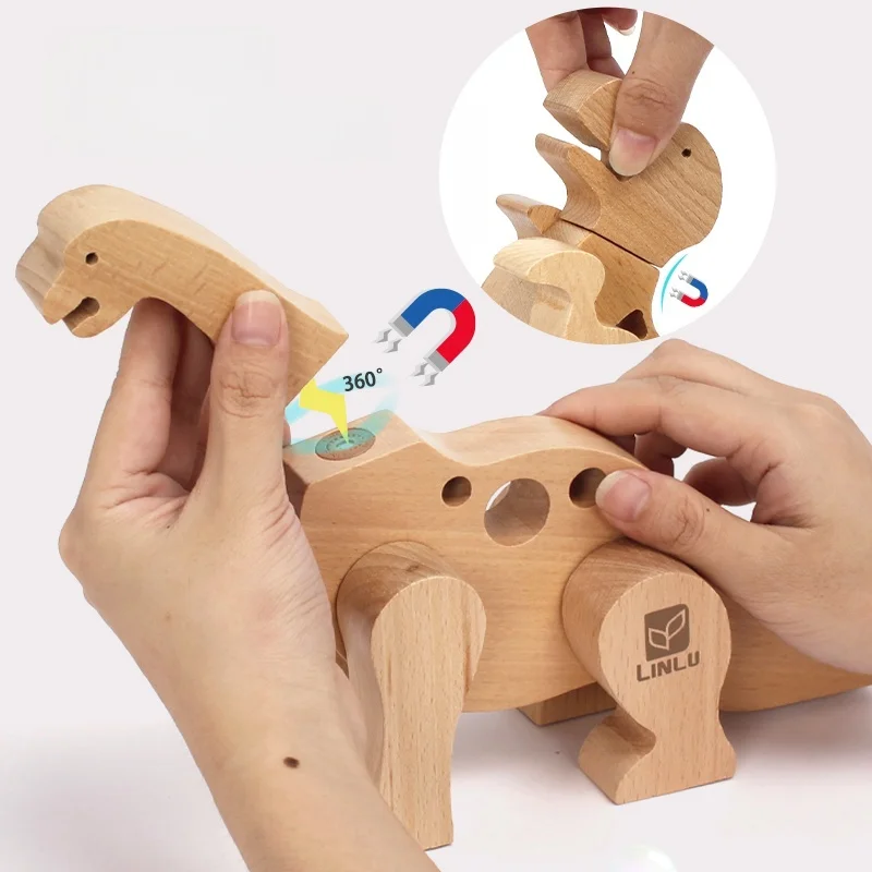 Wooden Dinosaur Cartoon Puzzle Children Montessori Toy Building Blocks for Kids Early Education Birthday Gift Magnetic Assembly