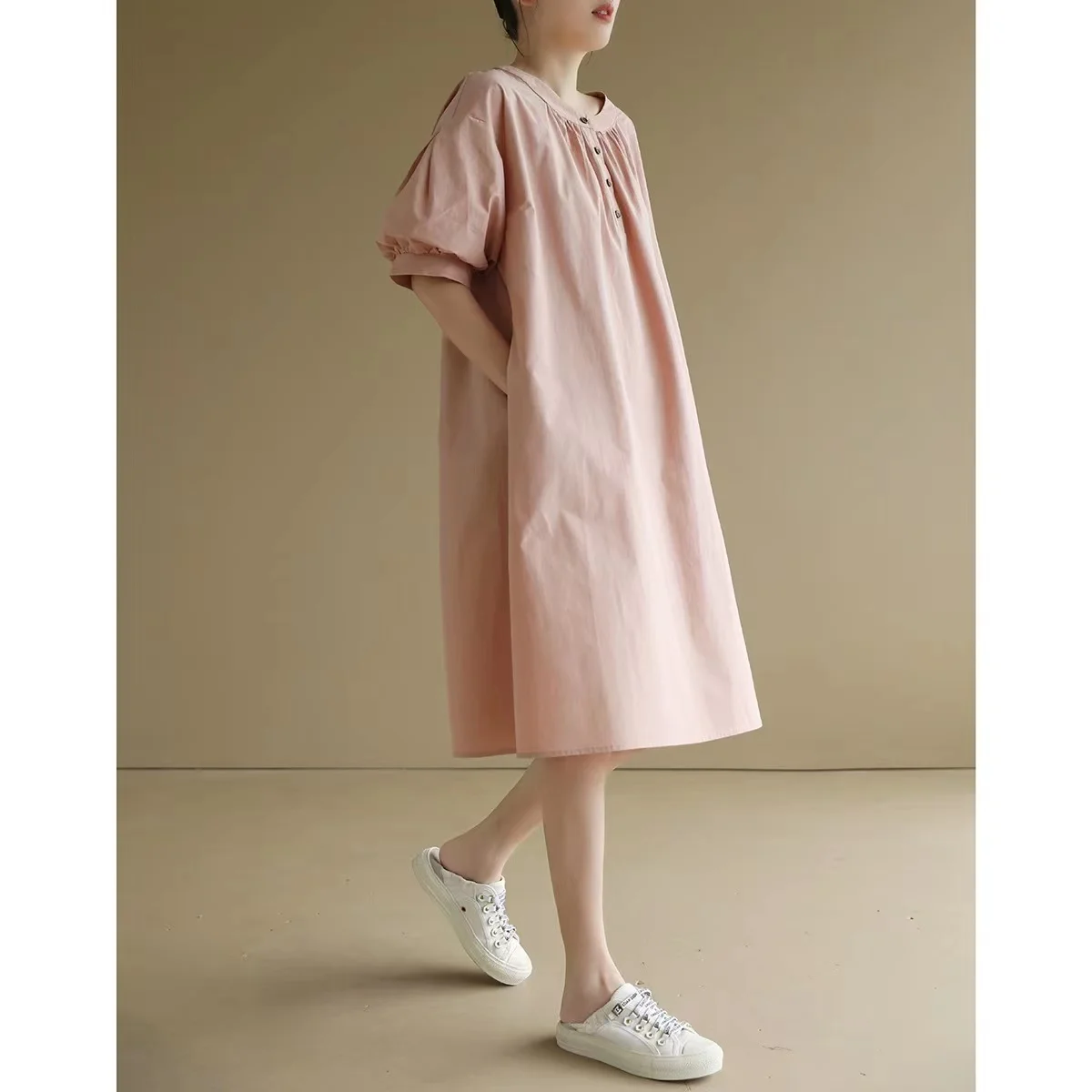 レトロな丸いネックのコットン混紡素材のサマースカート、ゆったりとしたミディ丈、レディース服、タグ付き、韓国風、通勤、ピュアなC...