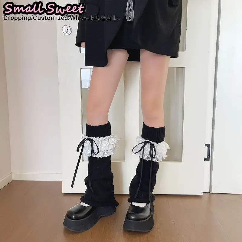 Women Y2k Girls Lolita Streetwear Gothic Decoration Bow Leg Warmers Knitted Stockings Leg Warmer Multi-layer Lace Inner Socks