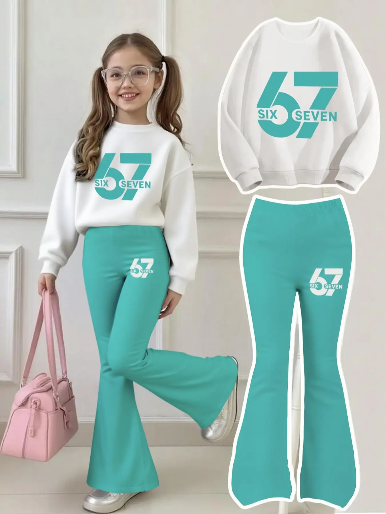 Kinderkleidung für Mädchen im Alter von 4-12 Jahren, Set aus Sweatshirt mit 67-Buchstaben- und Zahlen-Print und Schlaghose, Weißes Sweatshirt mit Mintgrünem Aufdruck "67 Six Seven," Zweiteiliges
