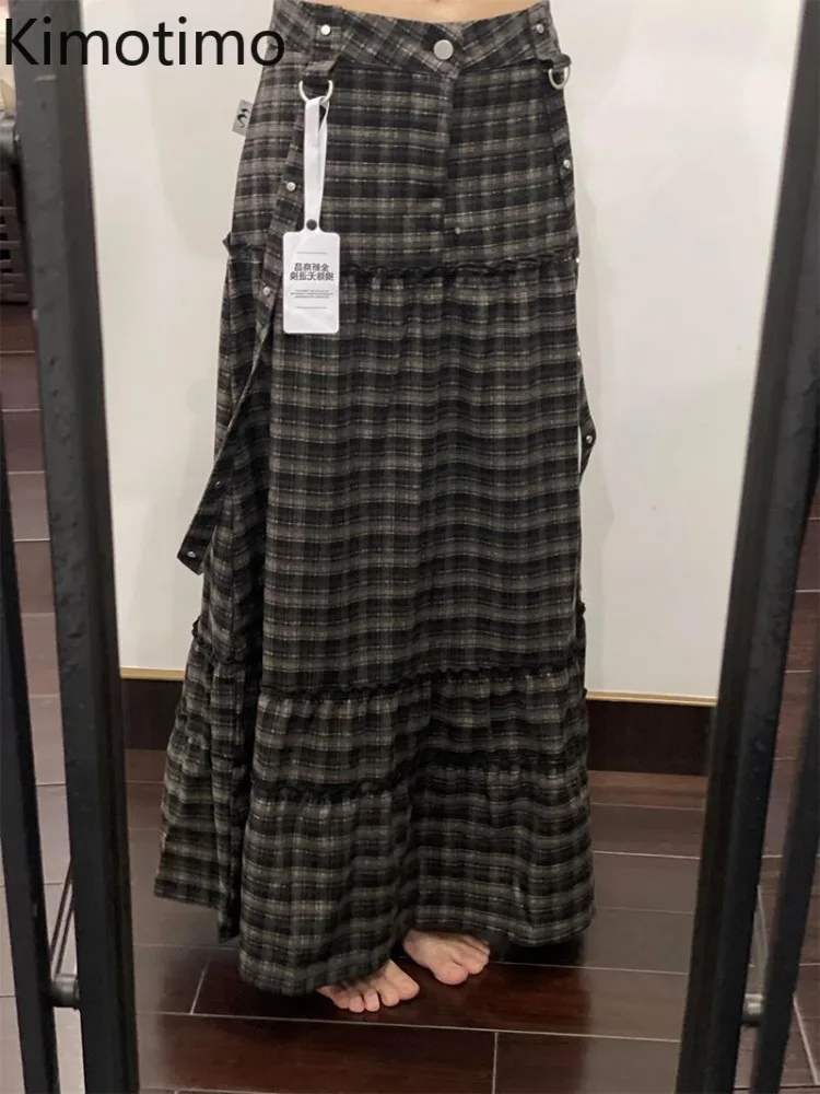 Kimotimo Vintage Plaid Long Skirt Women Autumn Winter High Waist Fungus Spliced A Line Skirts Korean Fashion Versatile Faldas