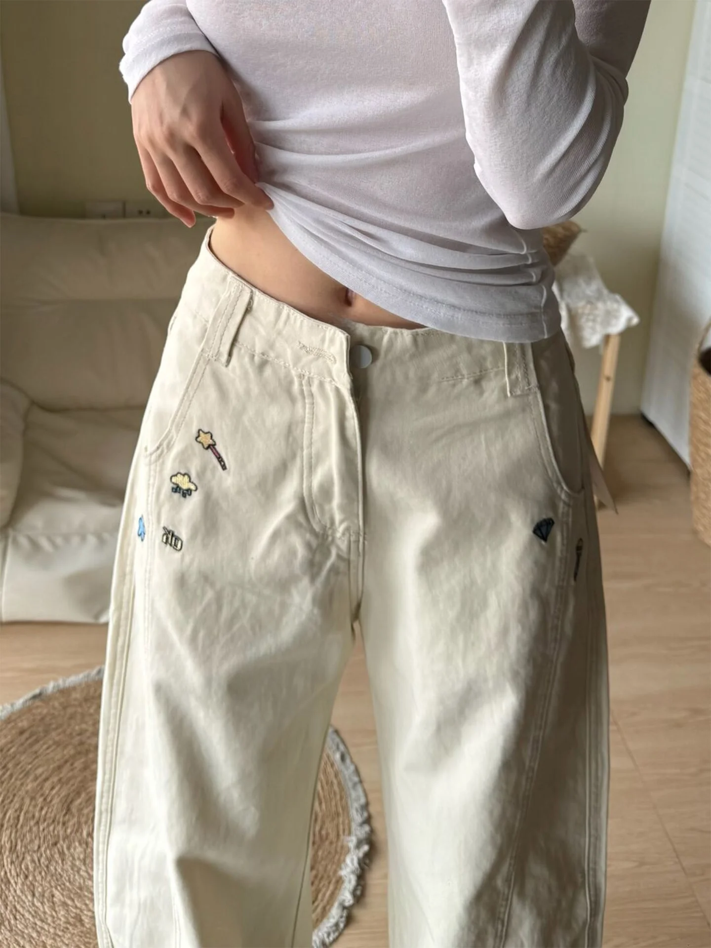 Rétro américain High Street brodé Design abricot femmes jambes larges jean taille haute minceur pantalons longs automne hiver nouveau...