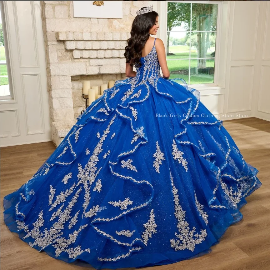 Treasure Blue Princess Ball Gowns Quinceanera Dresses v Neck Long Sleeve Crystal Beaded Applique Tulle Poncho فساتين سهره