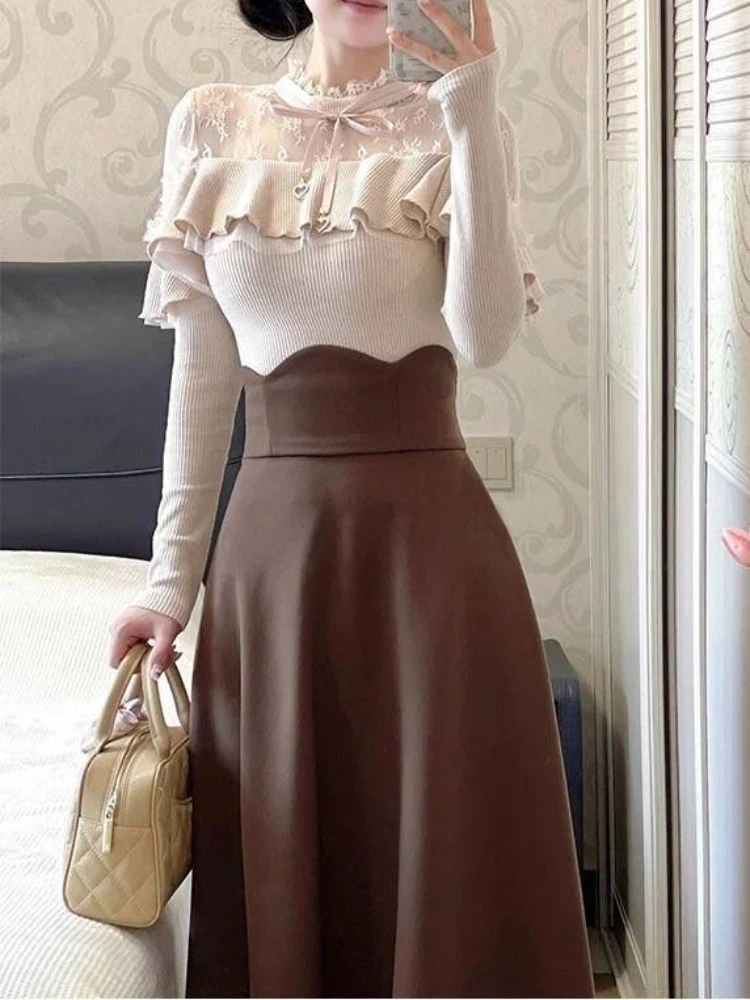 Japanese Elegant Fashion Sweet 2 Piece Sets Women Design Vintage Y2k Long Sleeve Tops + Midi Skirt Harajuku Korean Retro Outfits
