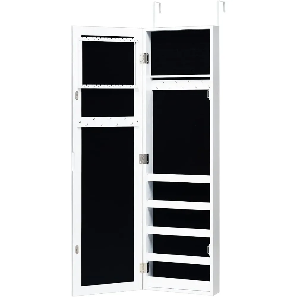 Jewelry Cabinet Armoire Door Wall Mounted, Full Length Mirror and 5 Storage Shelves for Display Bracelets Rings Cosmeticts