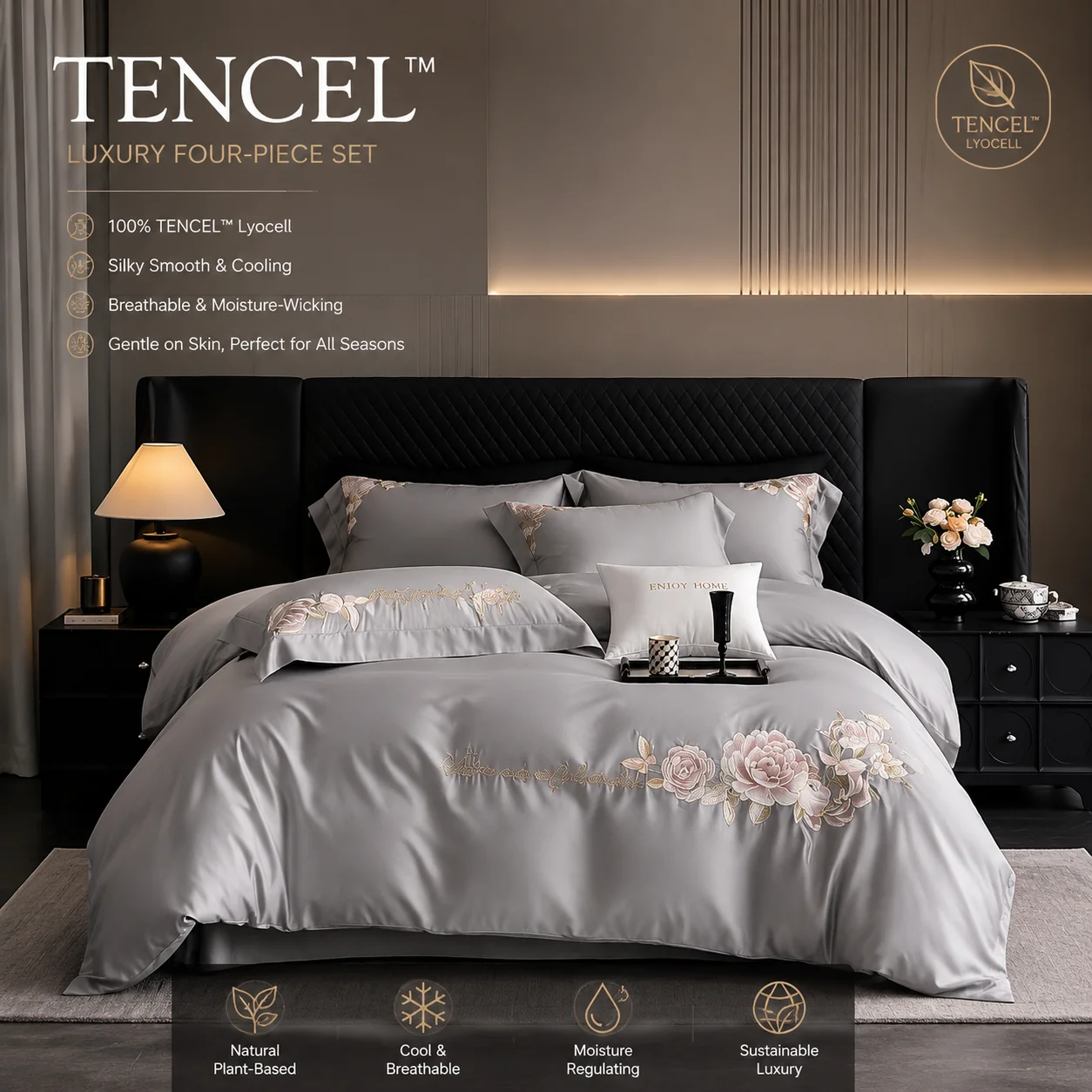 Tencel Lyocell Bedding Set Luxury Solid Embroidery Bed Linen Duvet Cover Set Queen King Size 4Pcs Bed Sheet Pillowcases