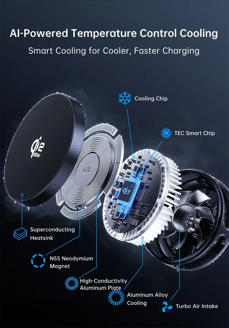 Qi2 25W TEC Kühlventilator Nachtlicht Magnetische Kabellose Ladestation für iPhone 17 Pro Max Samsung Apple Watch 2-8 SE Airpods Pro – Detail 4