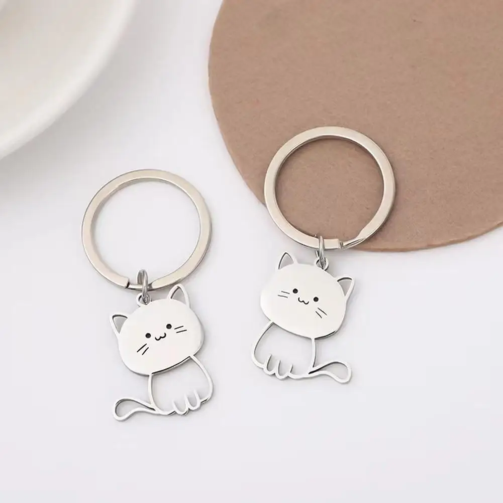 Stainless Steel Lovely Cat Keychain Couple Lover Animal Matching Keyring Cat Eating Fish Pendants Valentine's Day Gifts