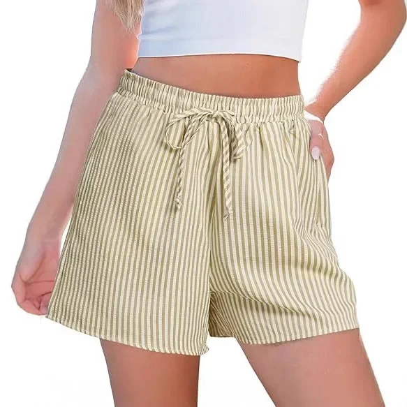 Pantaloncini a righe da donna estivi pop Vita alta da spiaggia Cintura elastica con coulisse casual con tasca Cintura leggera alla moda da donna