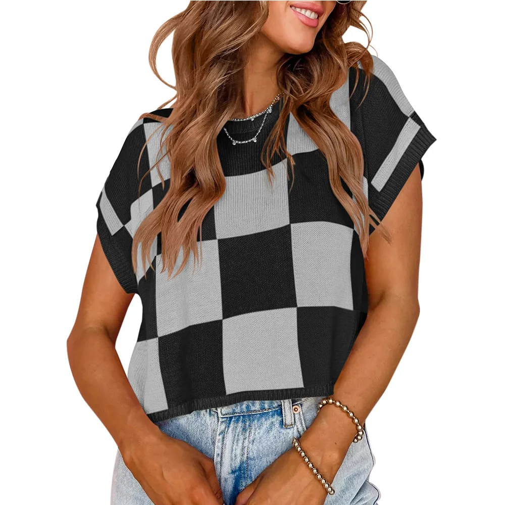 Women's O-Neck Color Blocking Short Sleeve T-Shirts Female Loose Checkerboard Casual Elegant Textured Knitted Blouse Streetwear