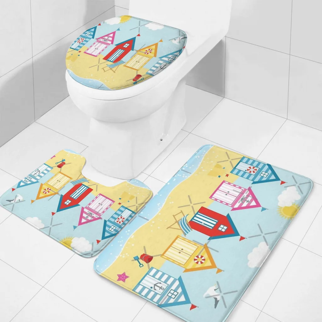 

3 Pieces Non-Slip Bathroom Rug, Toilet Mat,Soft Microfibers Absorbent Bath Mat, Huts on the Beach Machine Washable