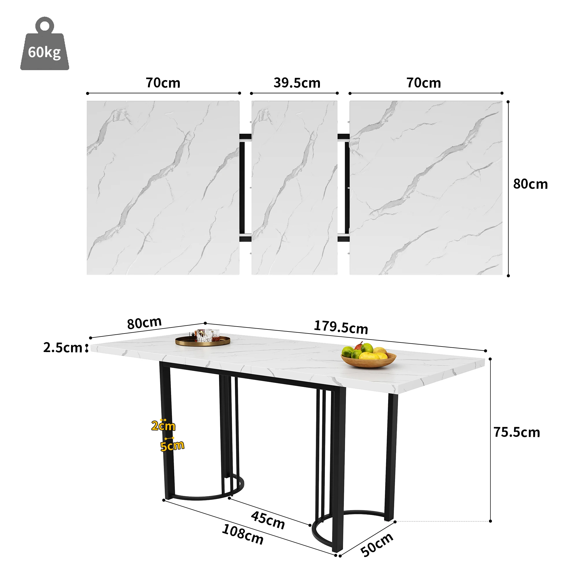 Telescopische eettafel, 140/180x80x75cm, ijzeren metalen poten en vierkante buispoten (modern wit MDF tafelblad met marmerpatroon)
