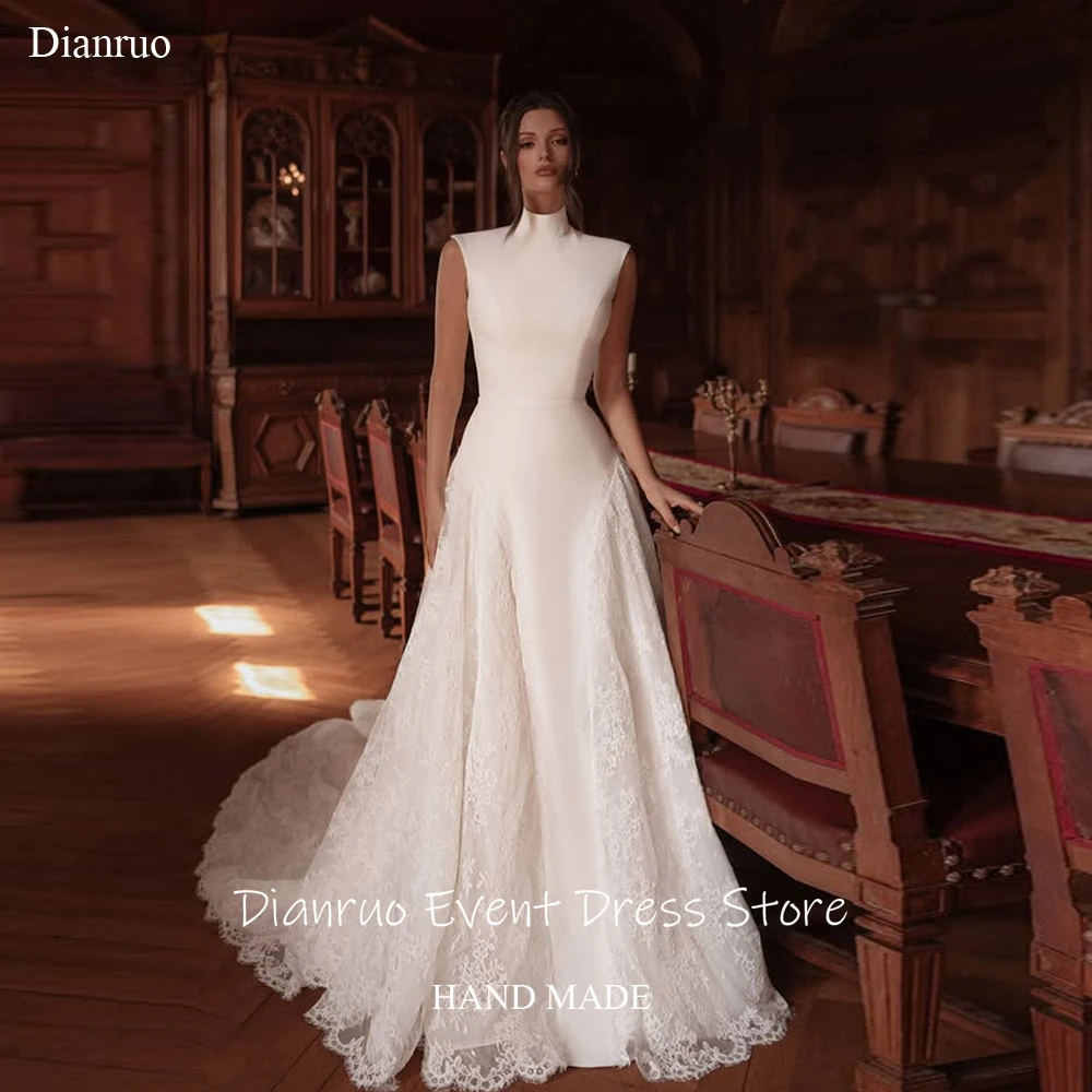 Dianruo A Line High Neck Bridal Wedding Dress Sleeveless Modern Vestido Noiva Princesa Appliques Civil Robe De Mariée Customized