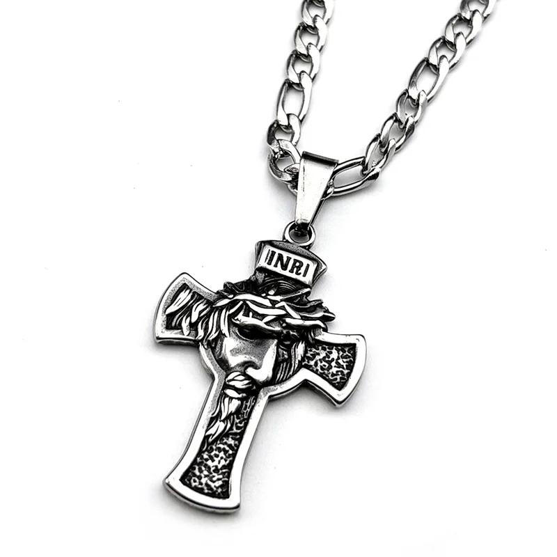 가시 왕관 예수 십자가 펜던트 목걸이 여성 남성용 스테인리스 스틸 블랙 그런지 십자가 남성 종교 체인 쥬얼리