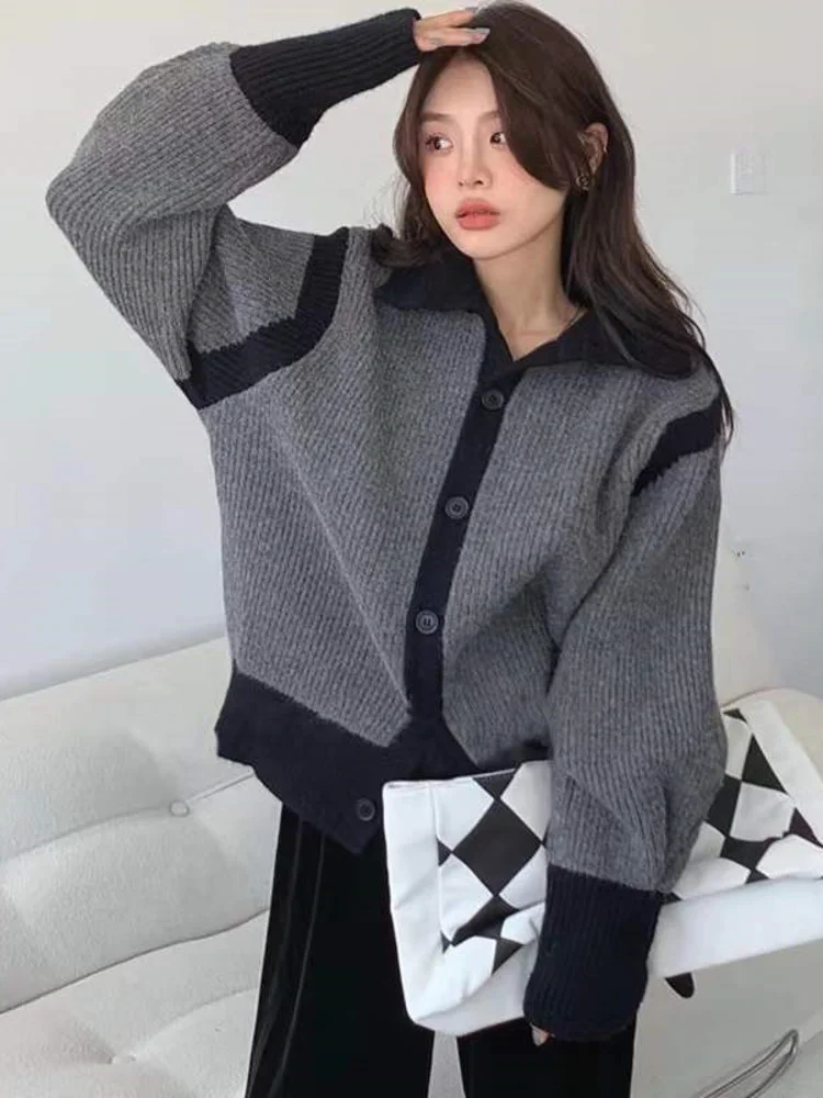 

Long Sleeve Stand Collar Cardigan Clothes Women 2023 Spring Autumn Color Contrast Splicing Knitted Coats Warm Clothing M171