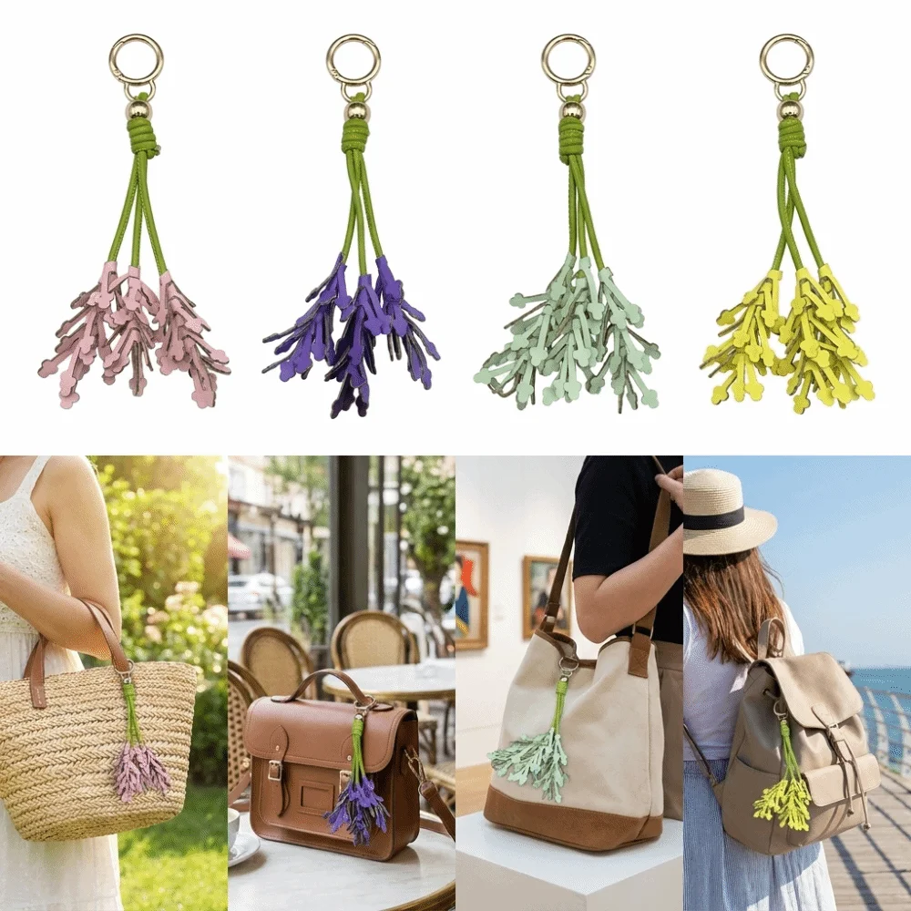 PU Leather Bag Charm Metal Key Ring Handmade Look Keychain Pendant Lightweight Decorative Tassel Floral Tassel Charm Handbags