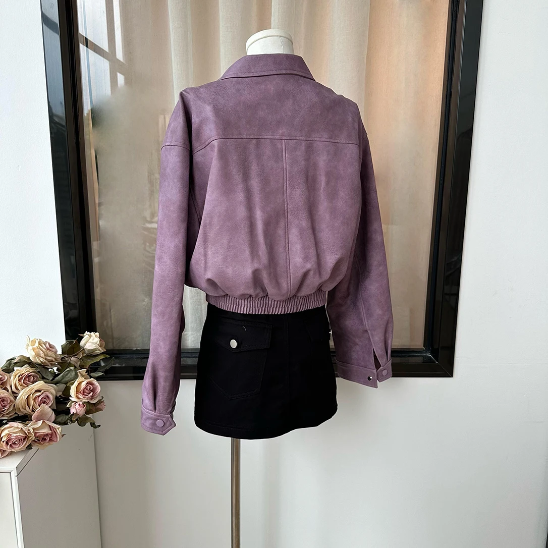 Women's Chic Autumn Winter Streetwear Long Sleeve Pu Leather Jacket Lady Zipper Turn Down Collar Loose Faux Leather Outwear Top