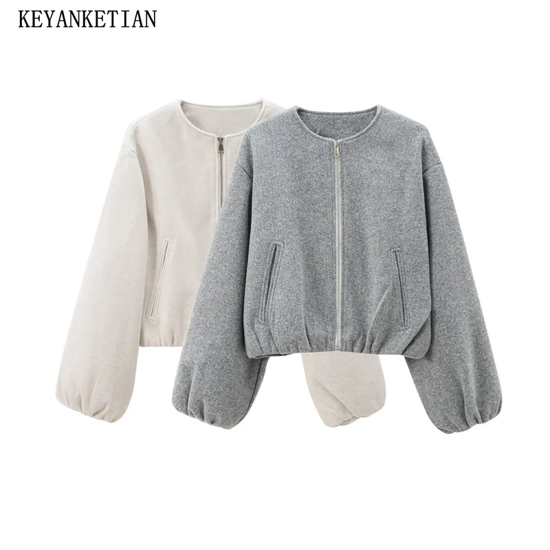 KEYANKETIAN 2024 New Women's Short Soft Tweed Jacket Autumn/Winter Simple style Zipper O-Neck Loose Cropped Blazer Outerwear Top