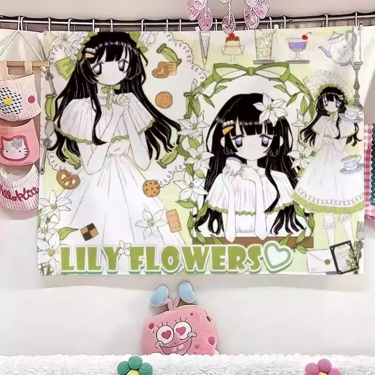 Japanese anime-style girl angel series wall hanging, cute and girly bedroom tapestry, rental room wallpaper