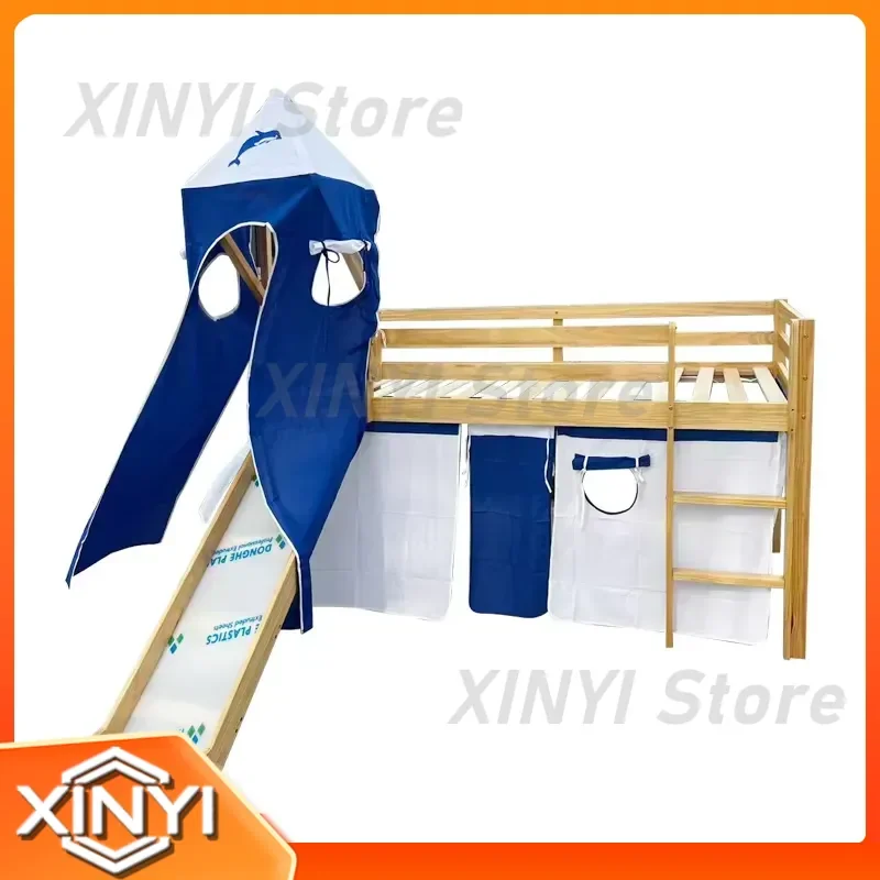 Solid Wood Kids Loft Bed with Slide for Children Bedroom Furniture Playhouse Tent Bunk Bed with Safety Guardrail Pine Twin